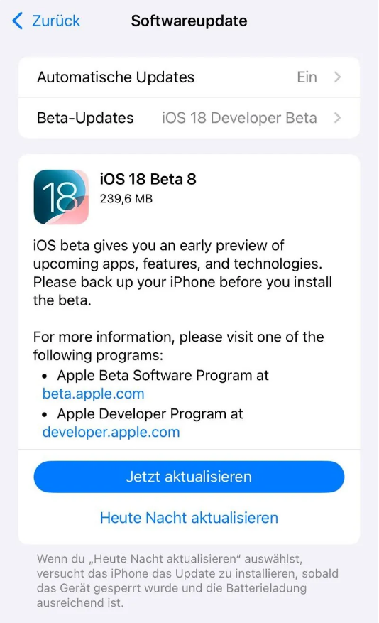 子长苹果手机维修分享苹果 iOS / iPadOS 18 开发者预览版 Beta 8 发布 